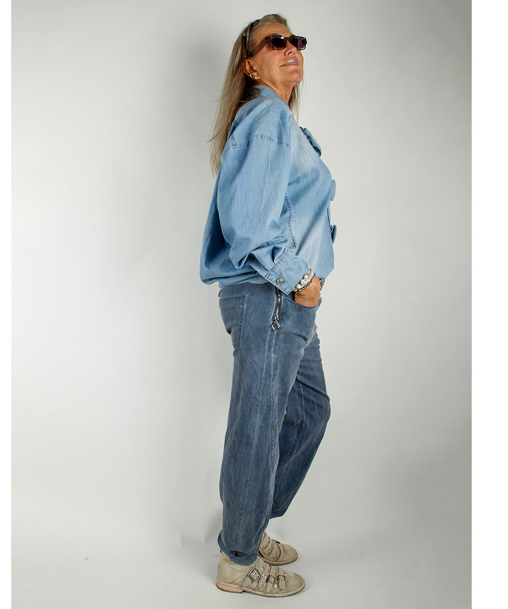 Baggy stretch pants i blå denim med ballongformet passform, skrålommer med glidelåsdetalj og brettet ankel